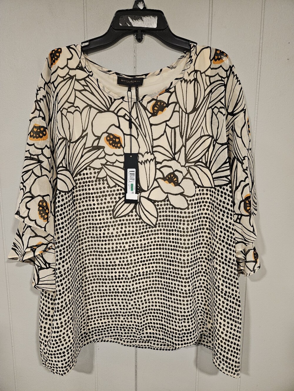 Donna Karan NY Size Large Floral Polka-dot Print Flutter Sleeve Top Beige NWT